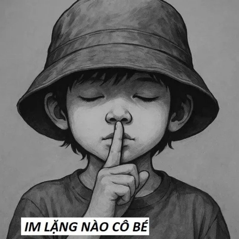 Ảnh vẽ đen trắng em bé đội mũ bucket áp ngón tay lên môi ra hiệu suỵt