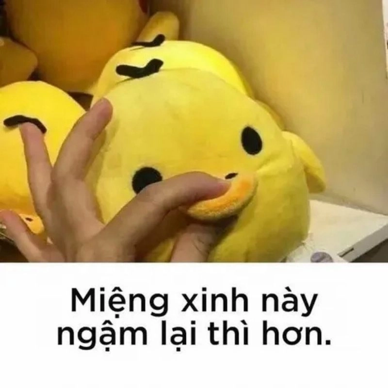 Ảnh meme gấu bông vịt vàng bị bàn tay bóp chặt mỏ kèm dòng chữ nhắc ngậm miệng lại