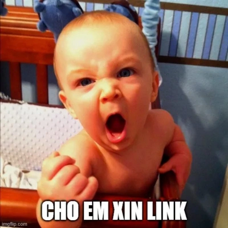 Ảnh chế em bé trong nôi với biểu cảm giận dữ hét lớn kèm dòng chữ đòi link